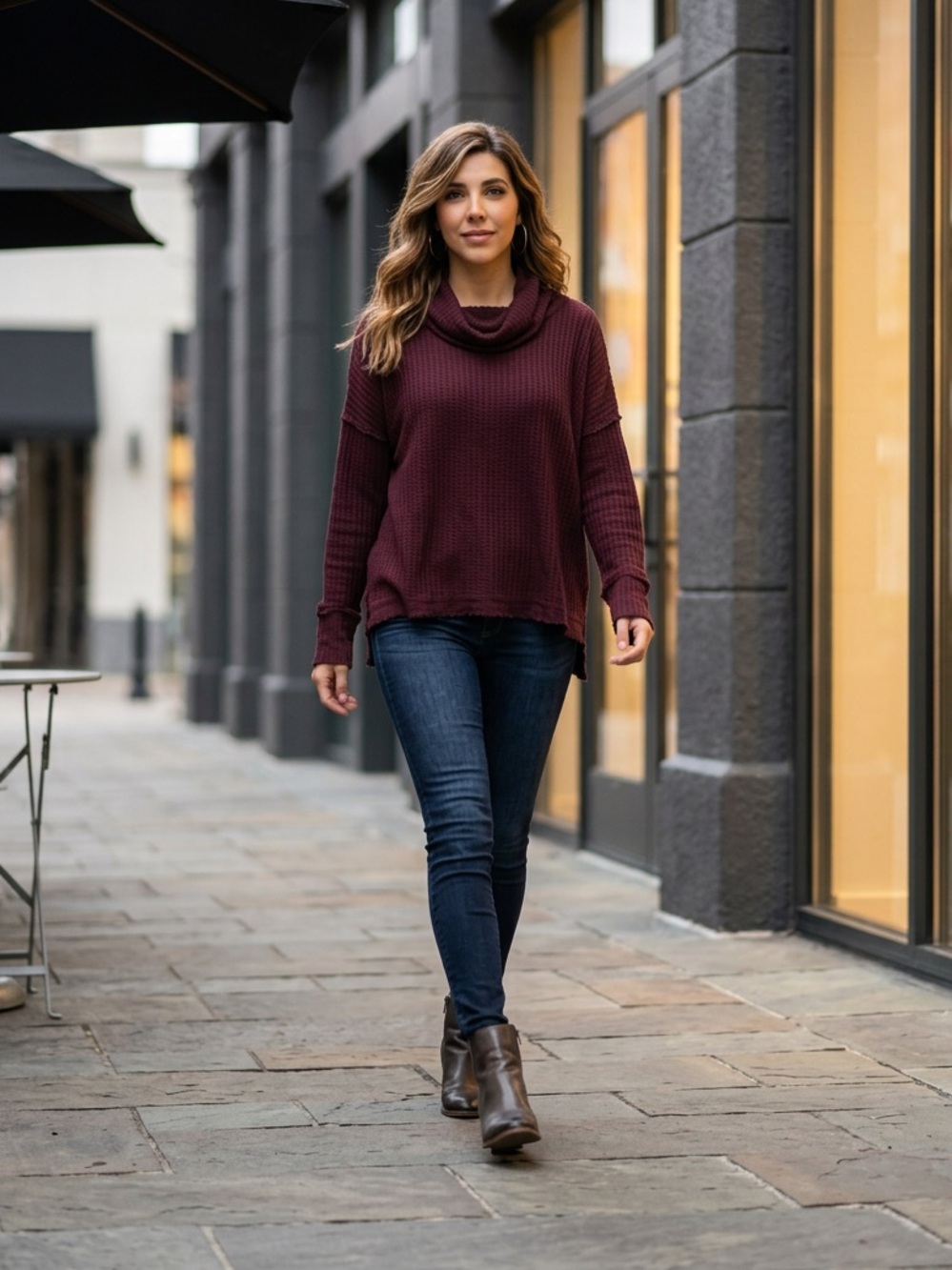 Free People Maroon Waffle Knit Cowl Sweater